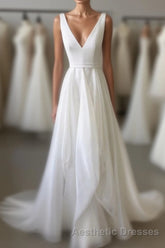Simple White V Neck Tulle Long Evening Prom Dresses, White Evening Prom Dresses